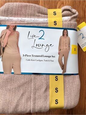 Live 2 Lounge 3 Piece Lounge Set Small Tan Cable Knit Cardigan Tank Pants NWT